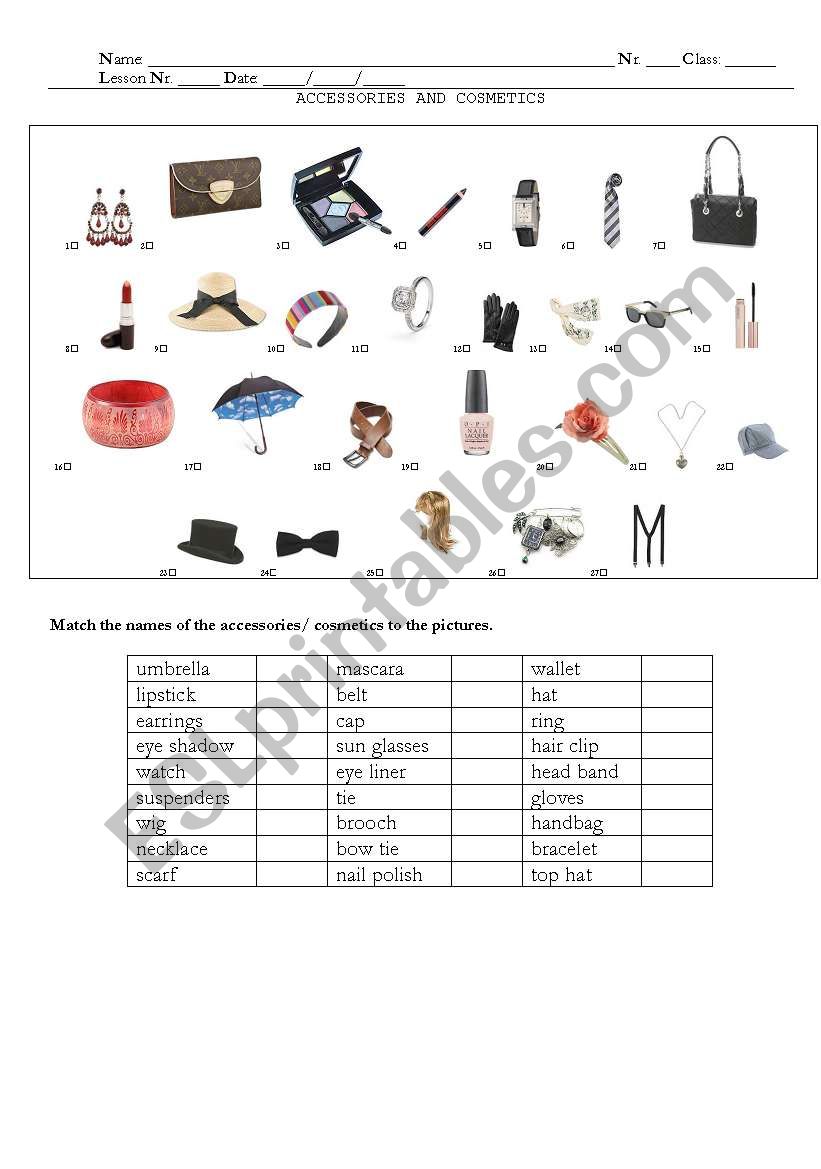 Accessories and Cosmetics worksheet