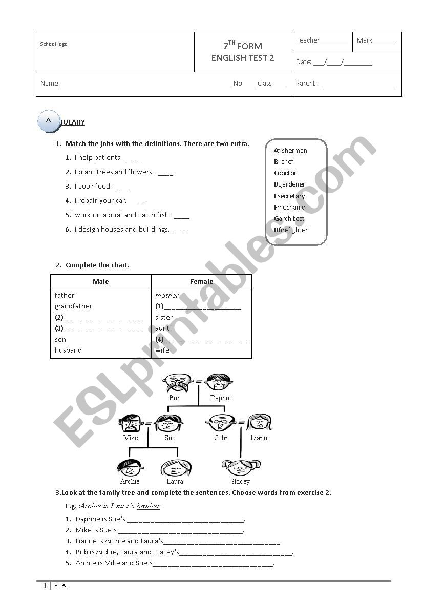 Family and Jobs - test A worksheet