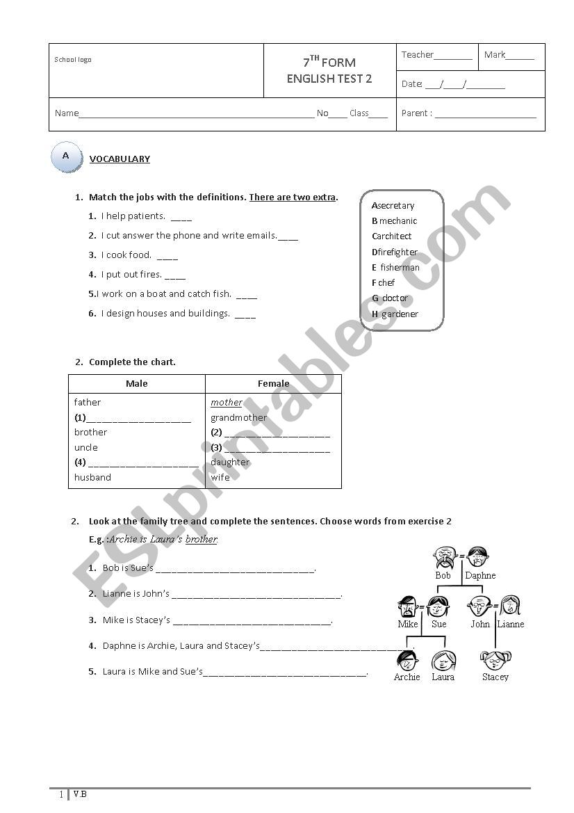 Family and Jobs - test B worksheet