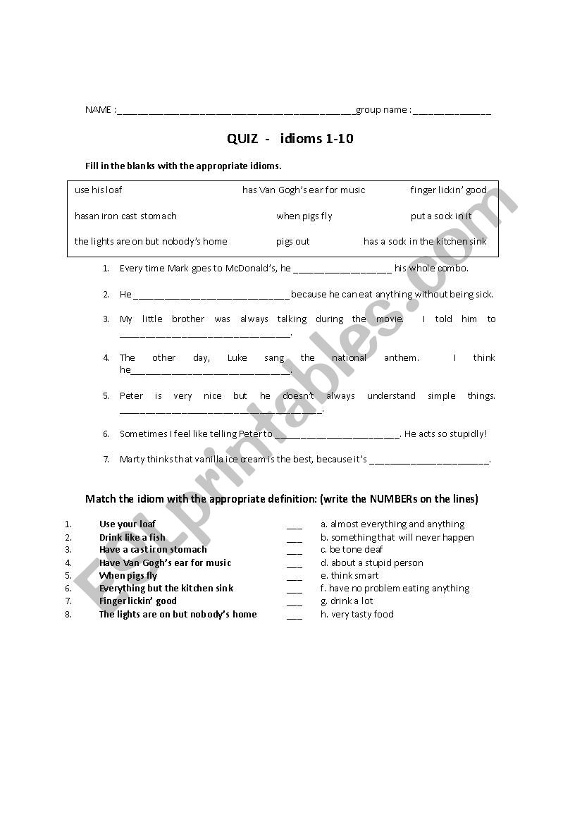 Quiz # 1 on idioms worksheet