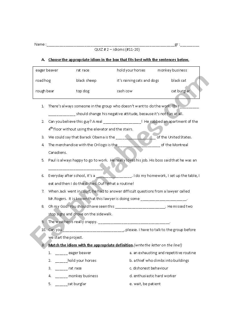 Quiz # 2 on idioms worksheet