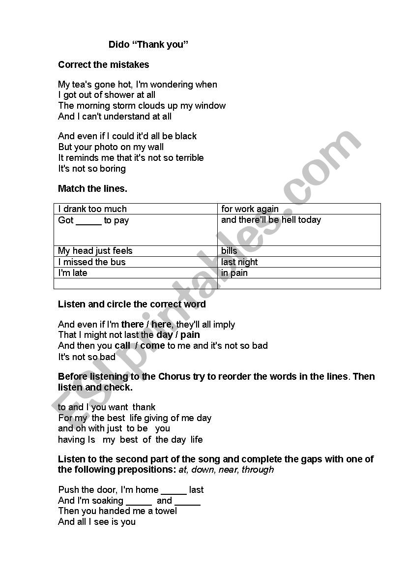 Thank you by Dido worksheet