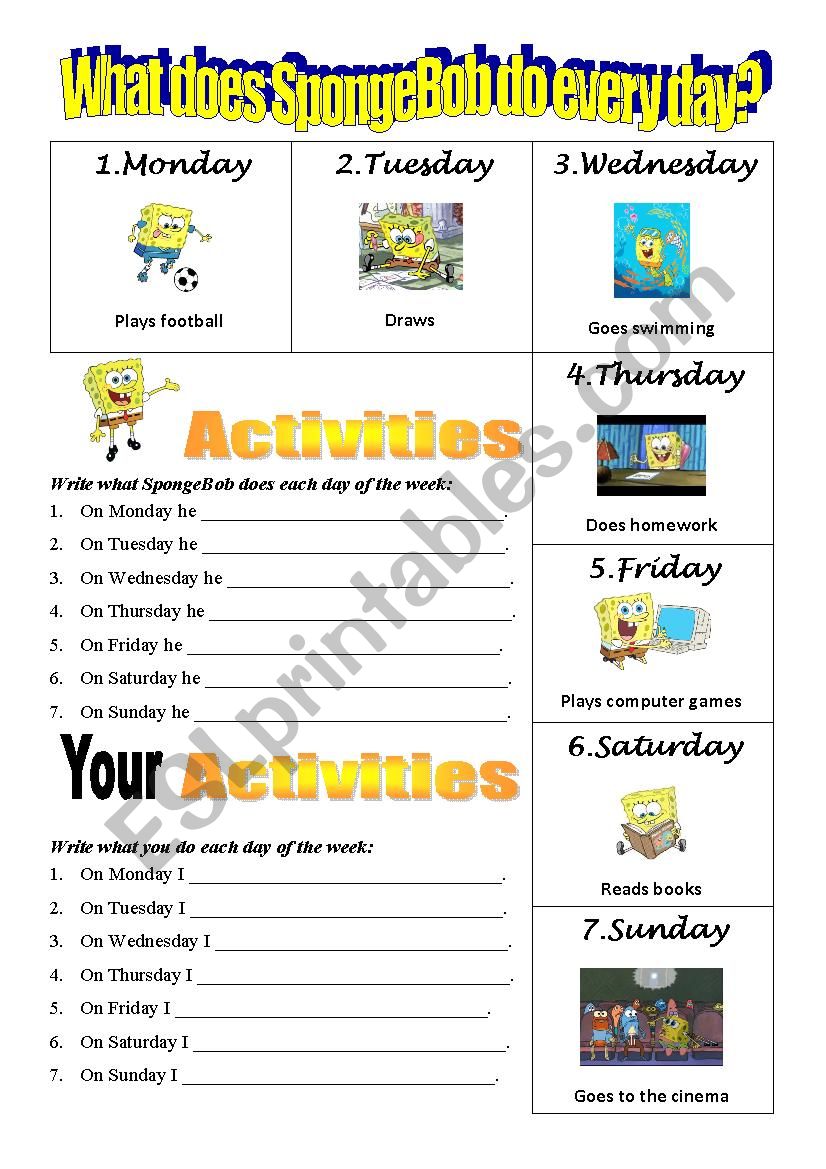 SpongeBobs daily activities - days of the week