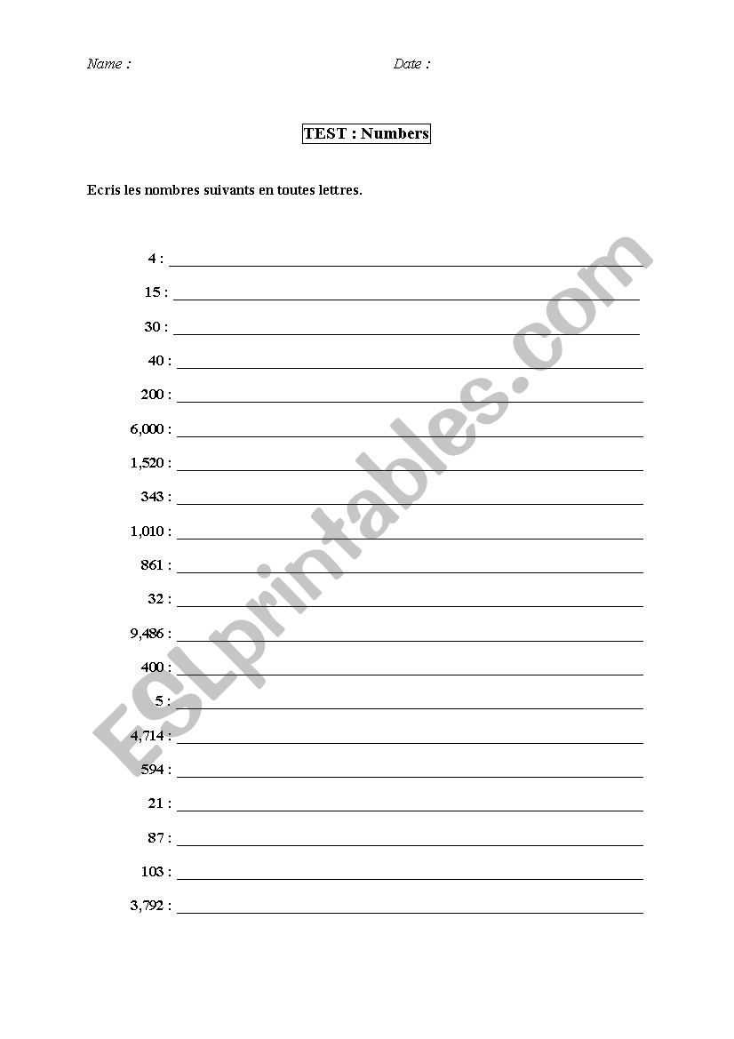 numbers worksheet