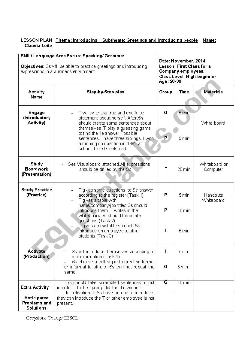 LESSON PLAN FOR BUSINESS ENGLISH