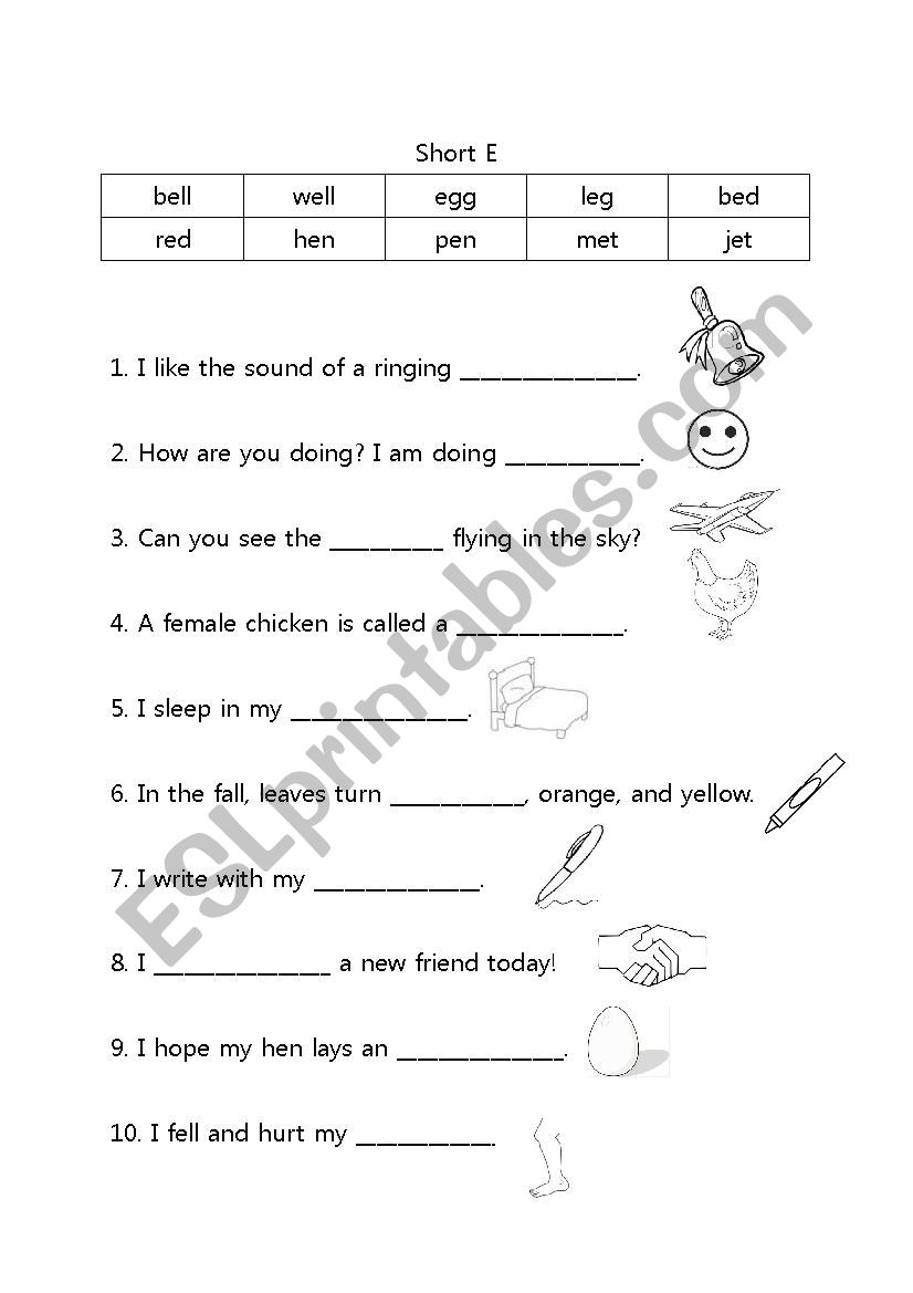 Short E Fill-In-The-Blank worksheet