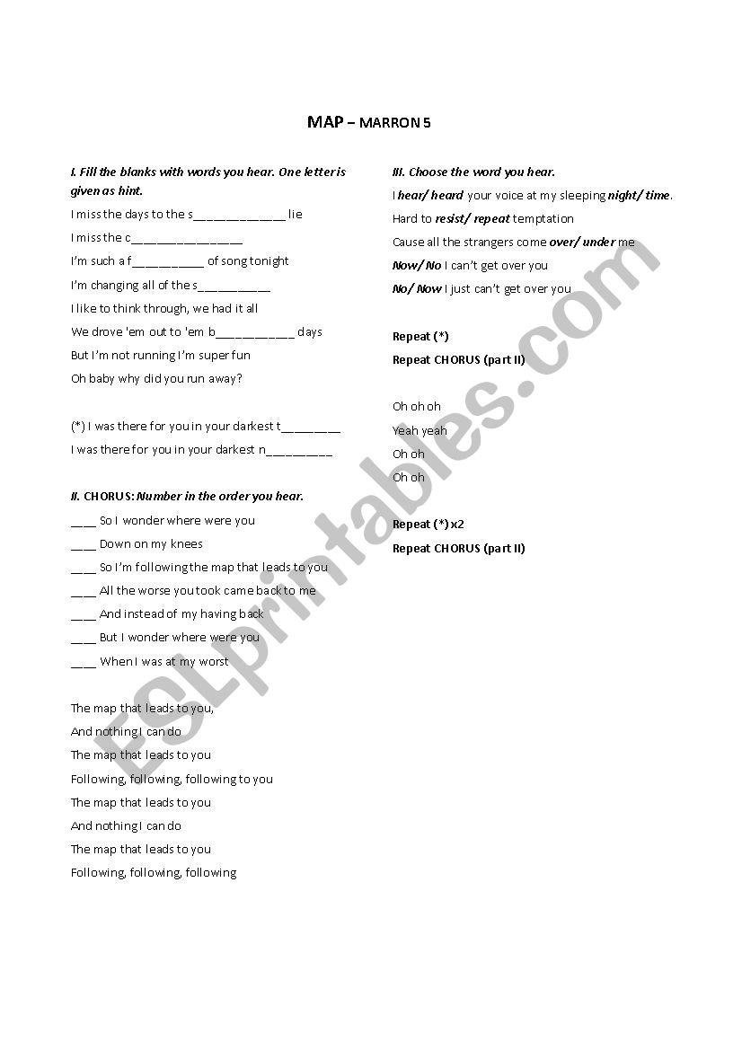 MAP by Maroon 5 worksheet