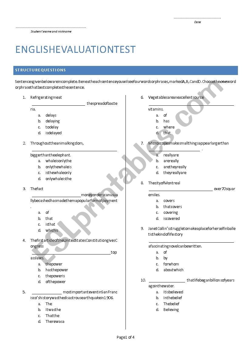 English Evaluation Test worksheet