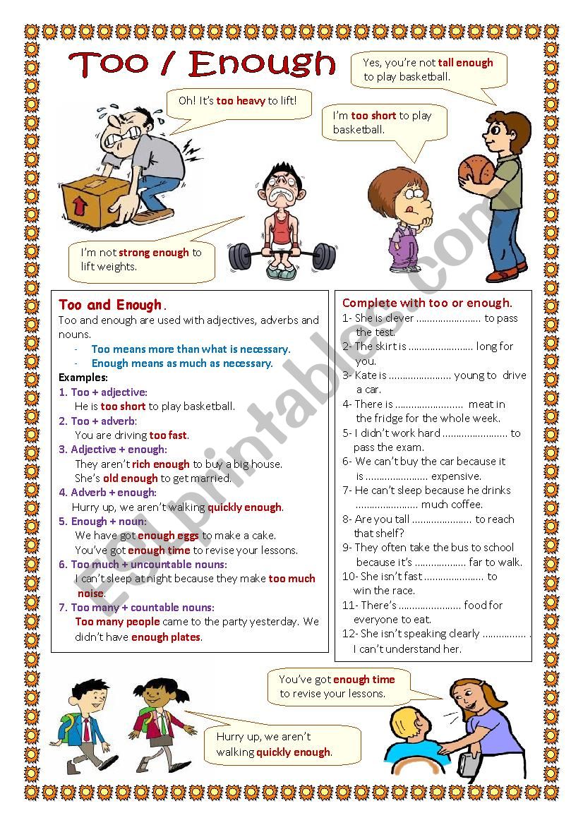 Too / Enough worksheet