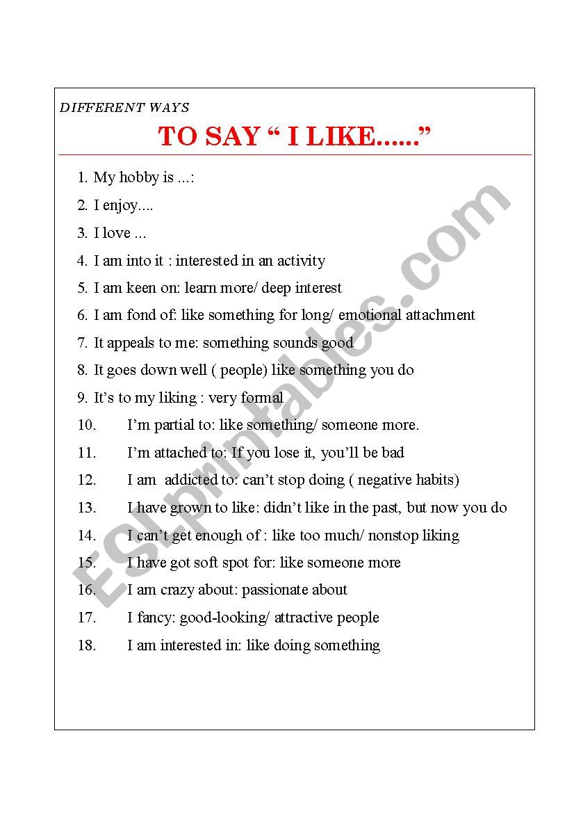 Different ways to say I like worksheet