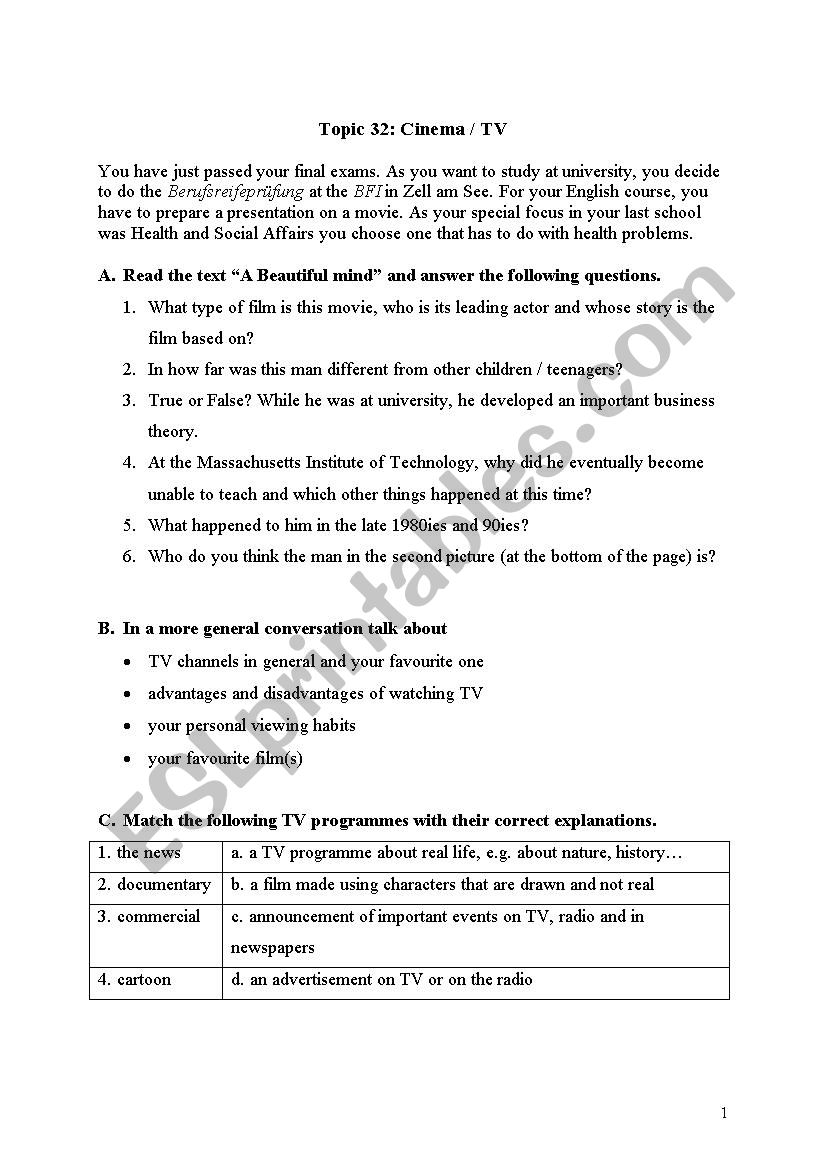 TV, cinema worksheet