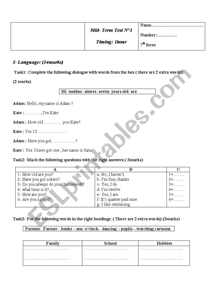 mid tem test worksheet