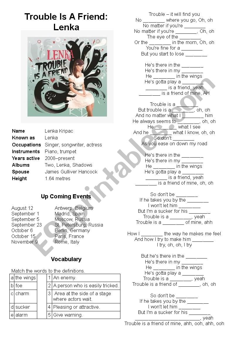 Lenka: Trouble is a Friend worksheet