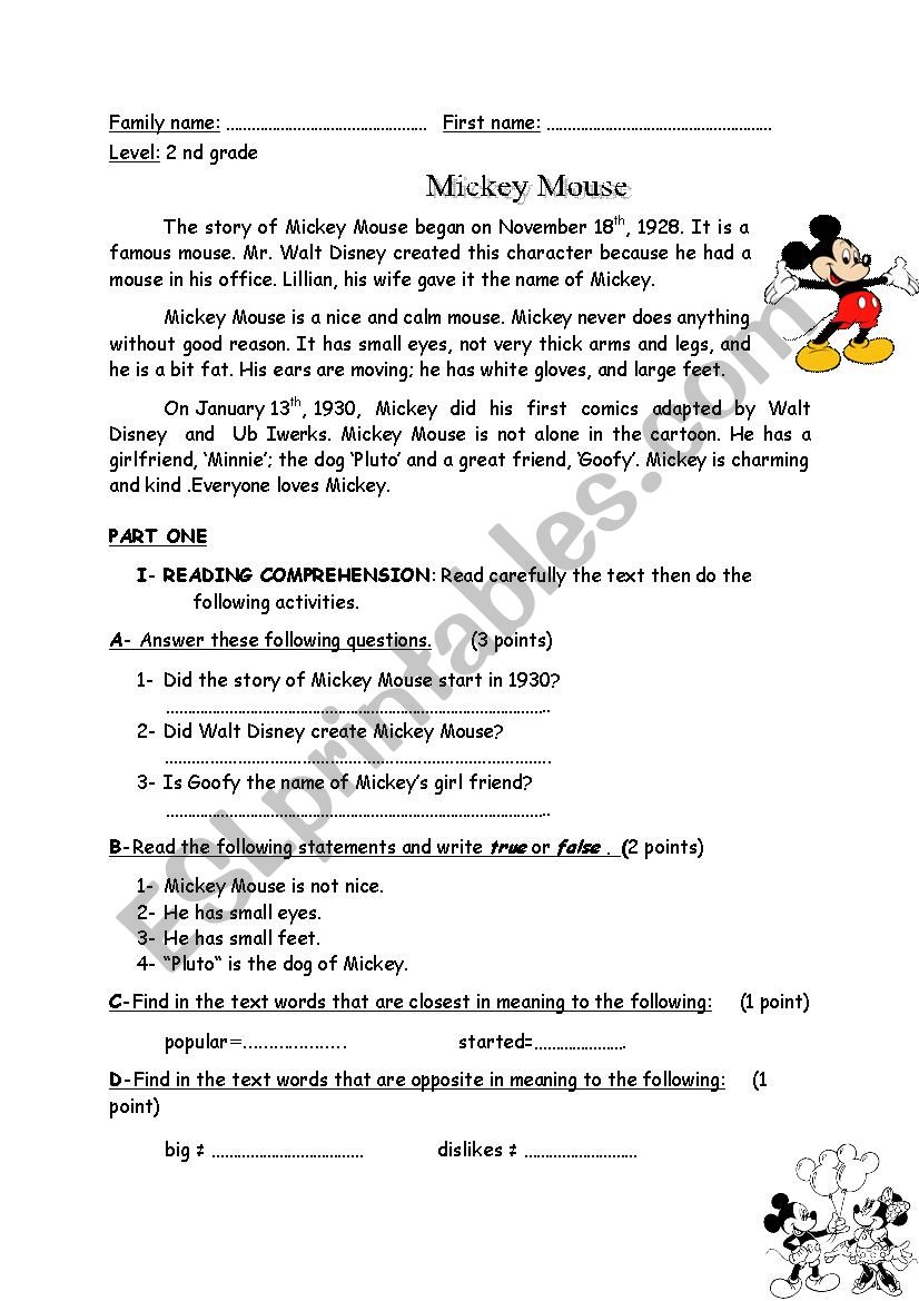 Exam paper ( topic: cartoon) worksheet