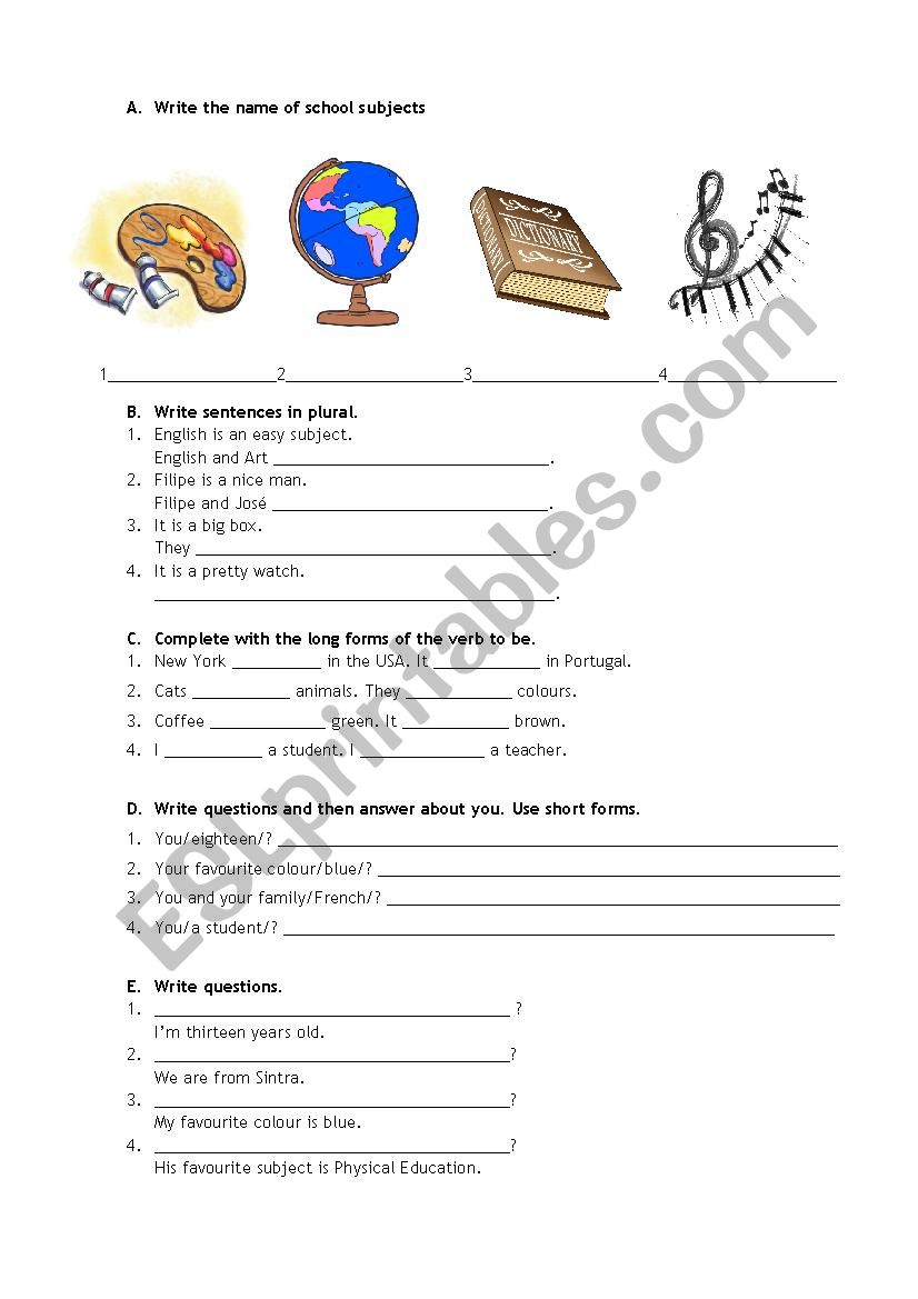 School subjects and objects worksheet