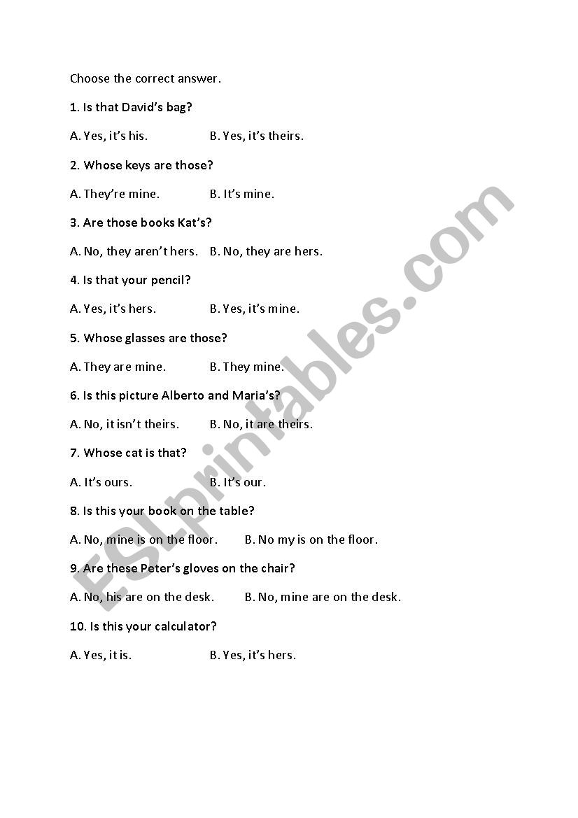 Possessive test worksheet