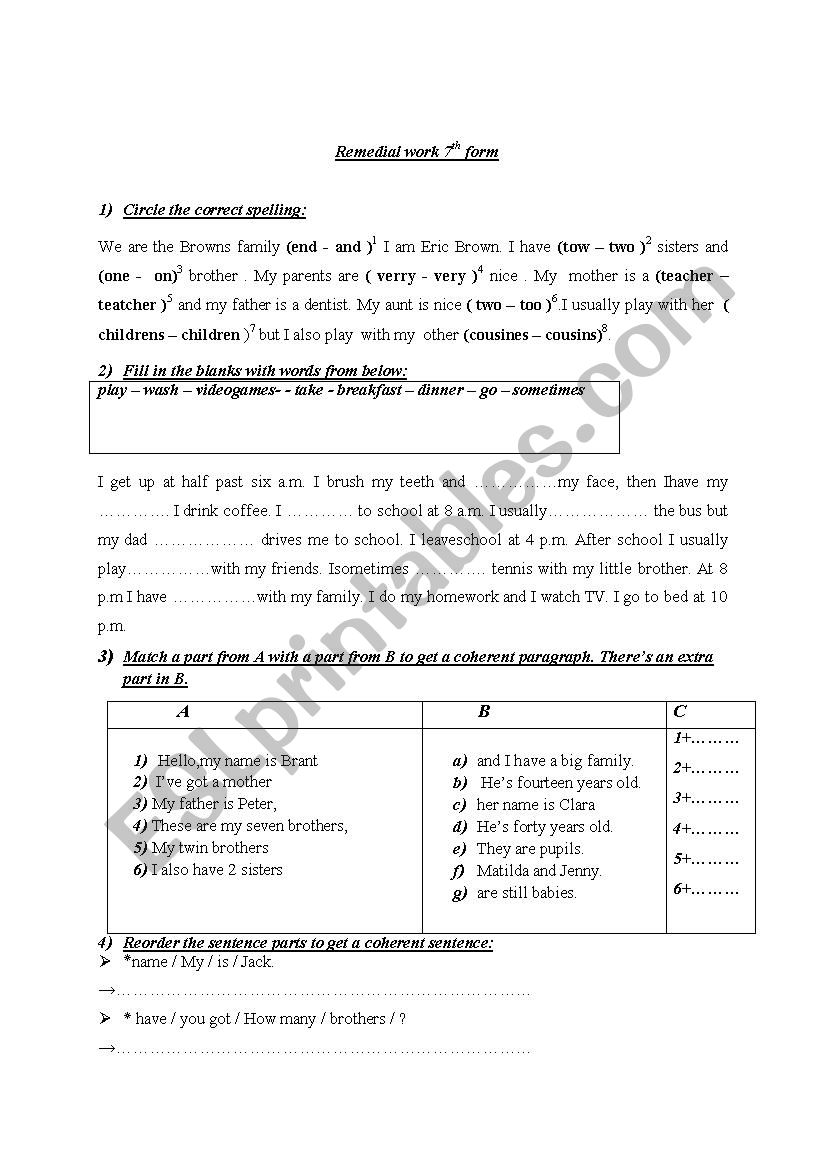 Remedialwork for 7th form 1st tremester ( part 1 )