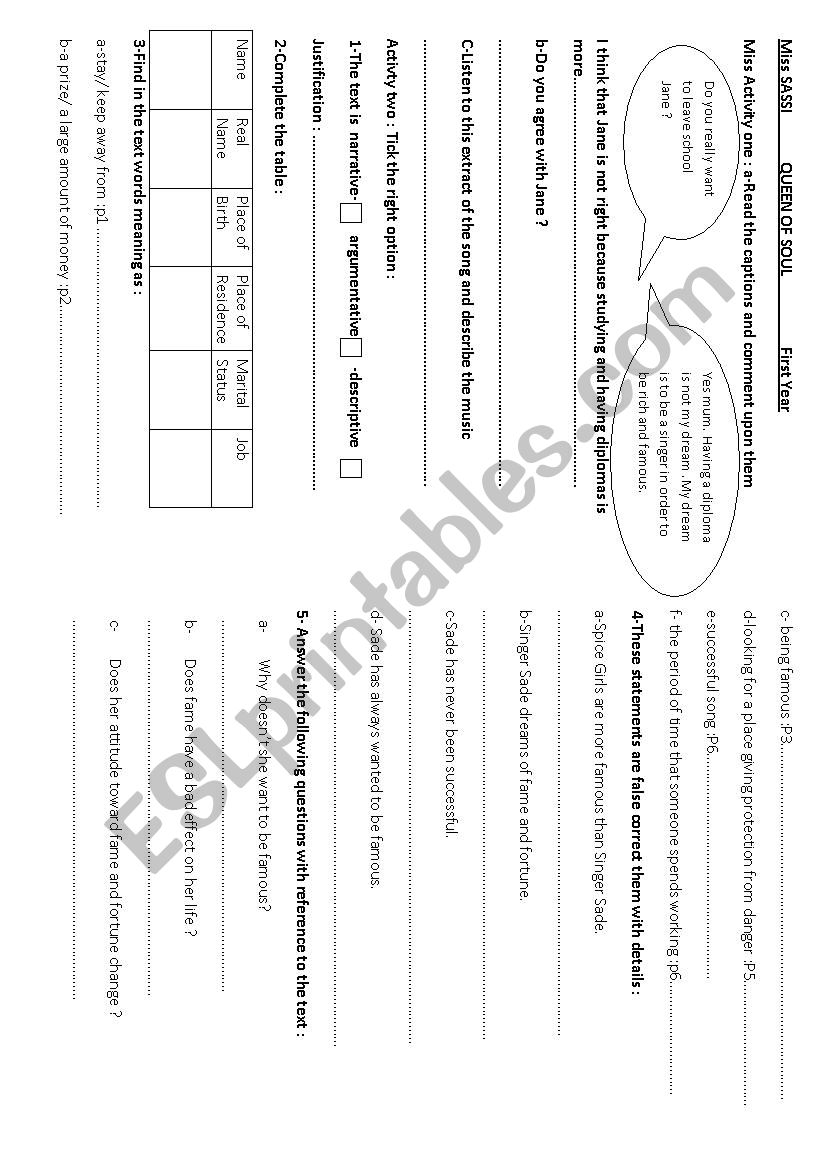 QUEEN OF SOUL worksheet