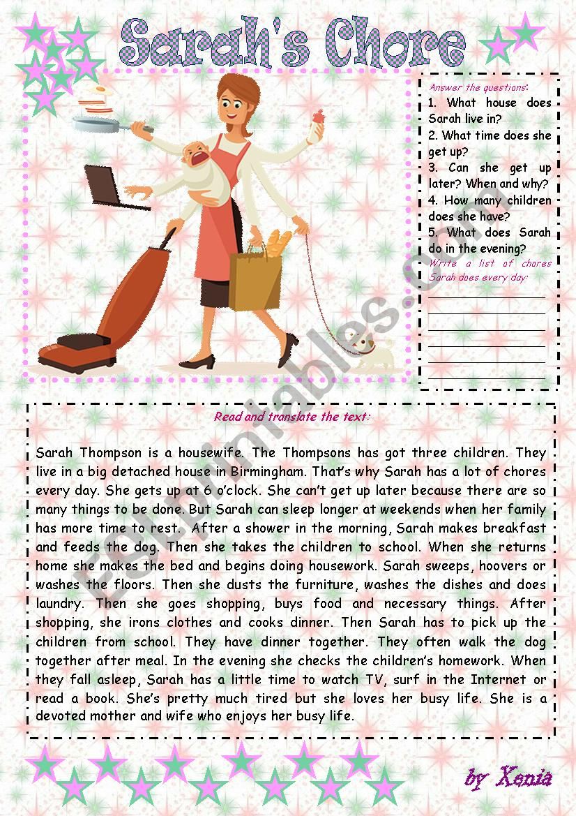 Â´SarahÂ´s ChoreÂ´ Reading worksheet