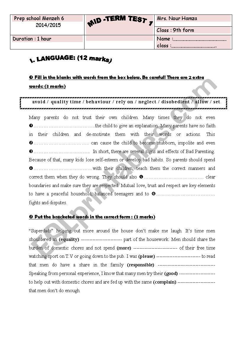 Mid term exam 9th form worksheet