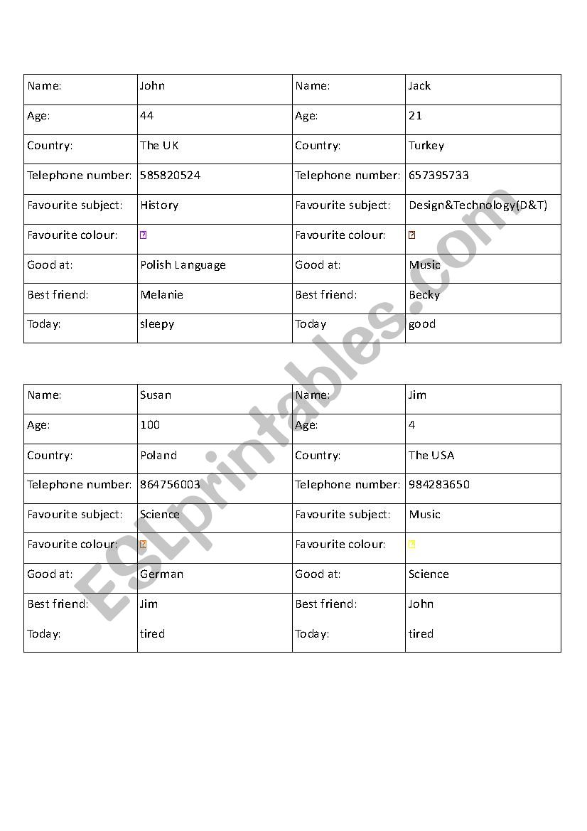 Bingo for personal questions worksheet