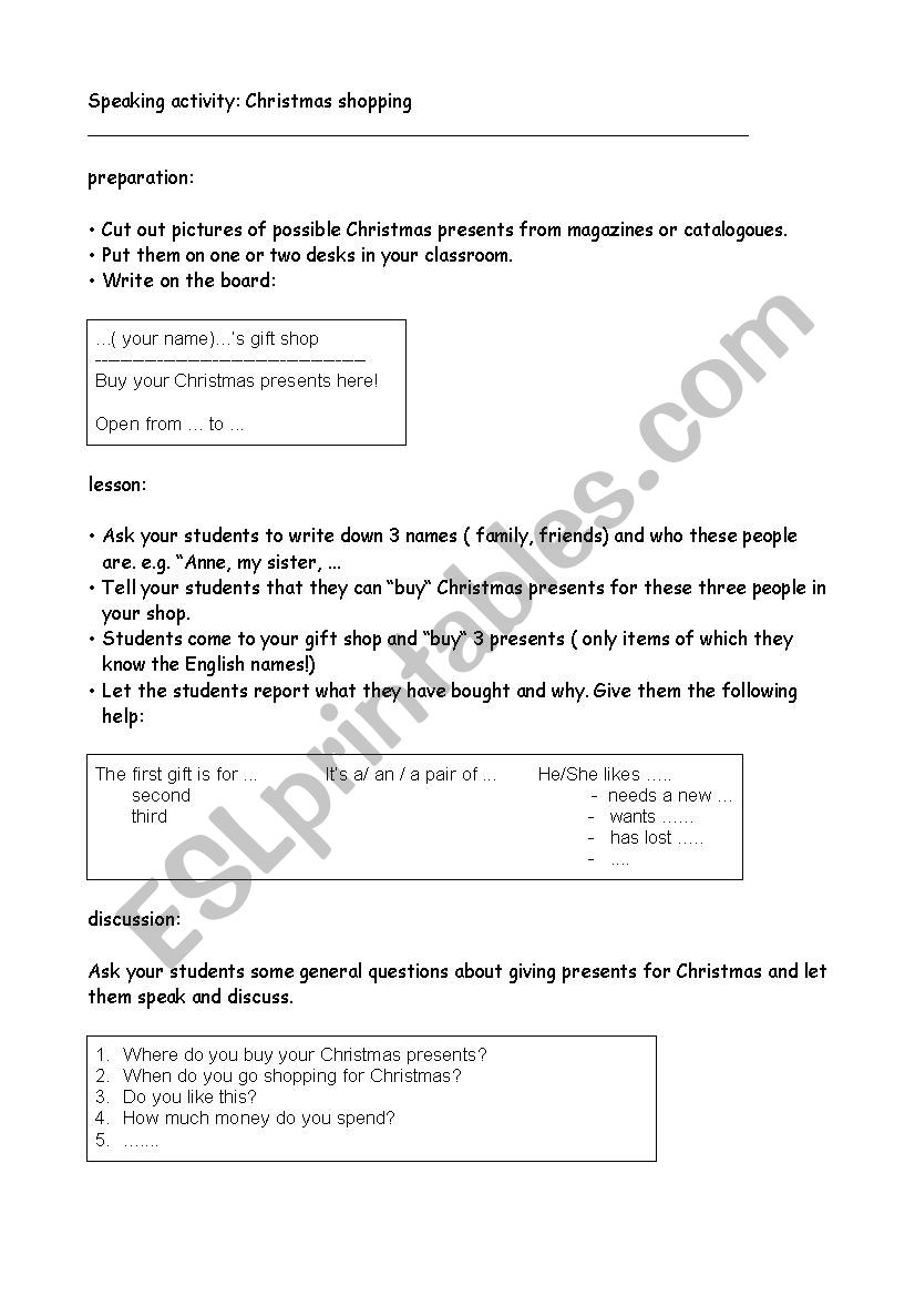 Christmas shopping  worksheet