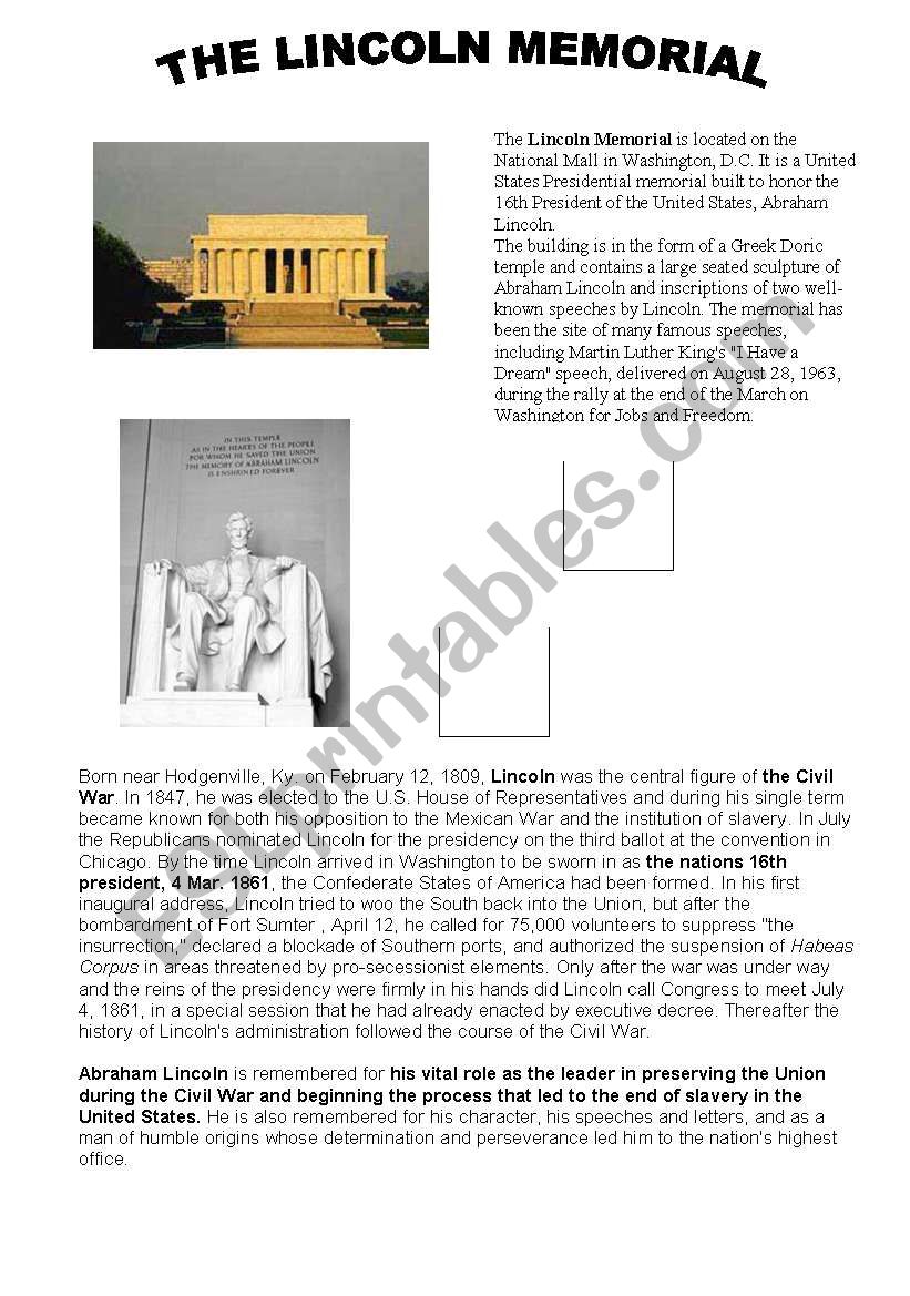 THE LINCOLN MEMORIAL worksheet