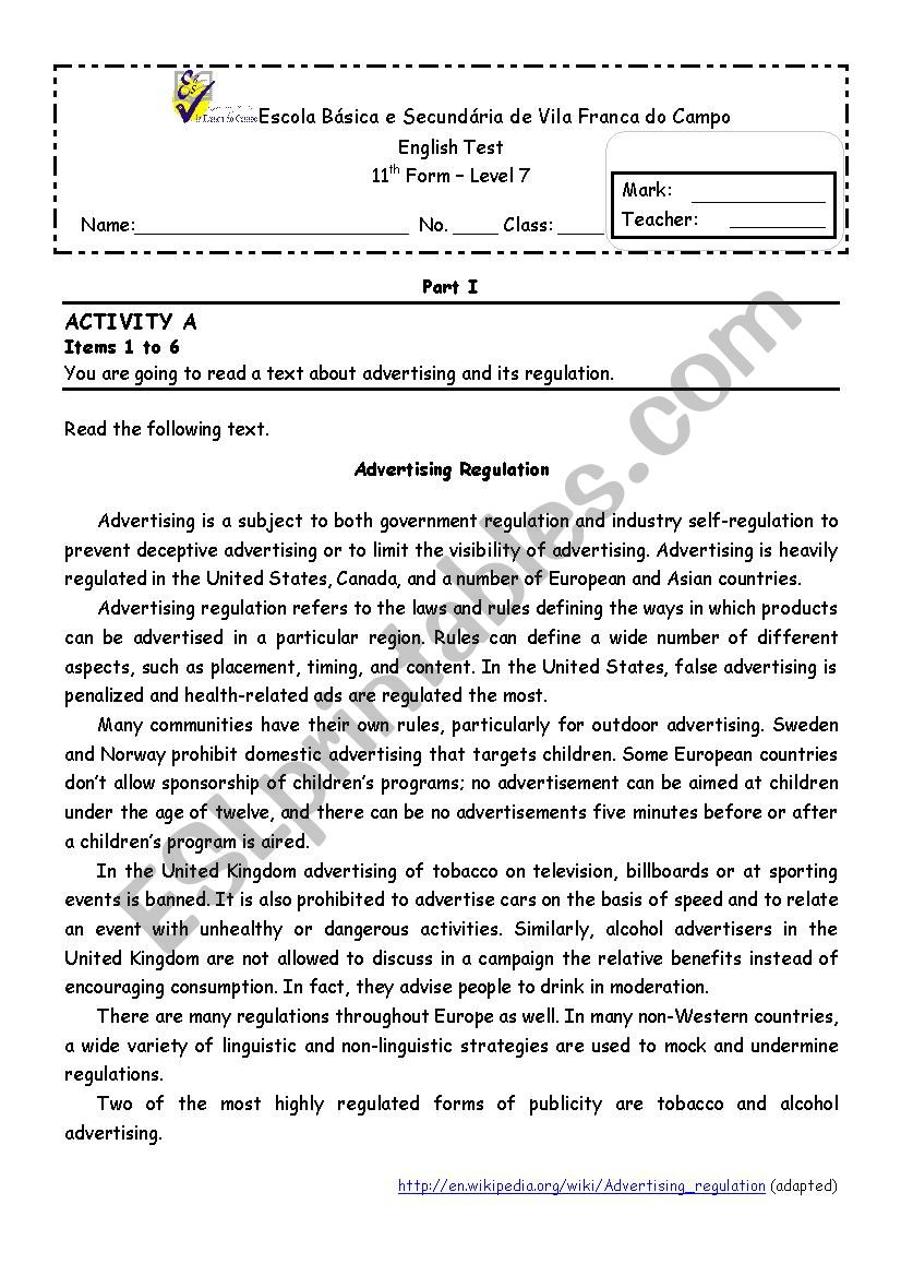Advertising regulation - 11th form test