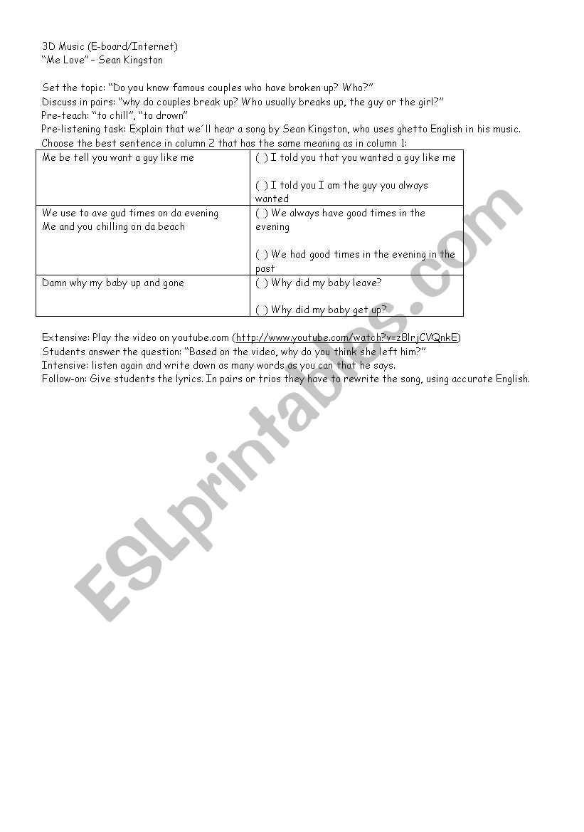 Me Love - Song activity worksheet