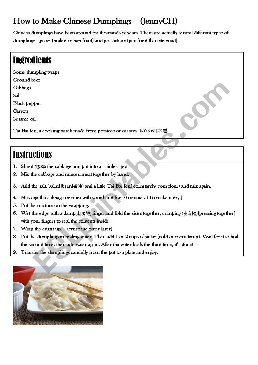 How to make Chinese dumplings worksheet