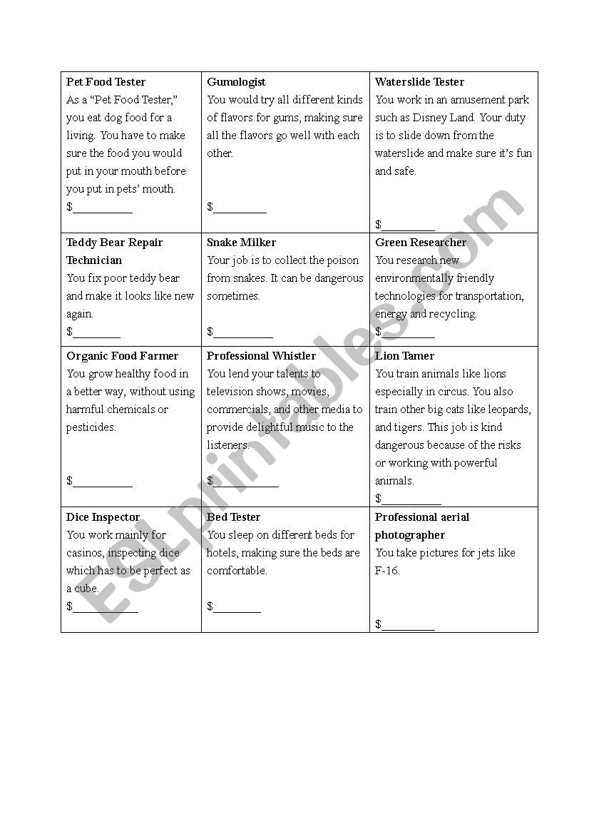 Selling a special job worksheet