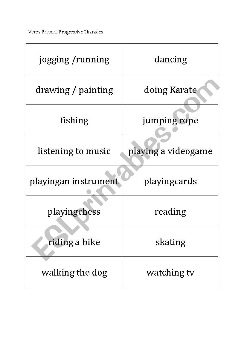 Present Progressive Charades worksheet