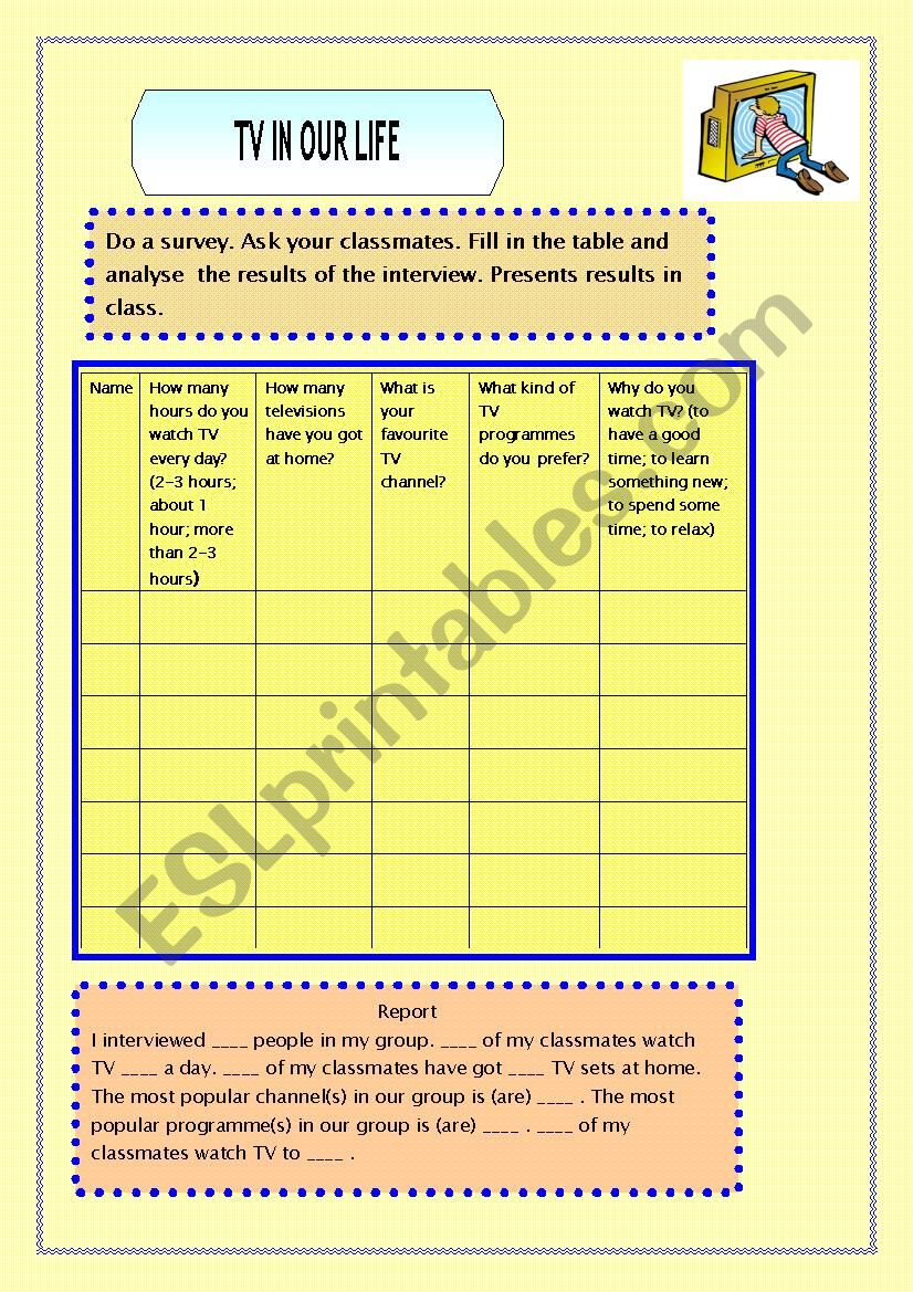 Survey. TV in our life worksheet