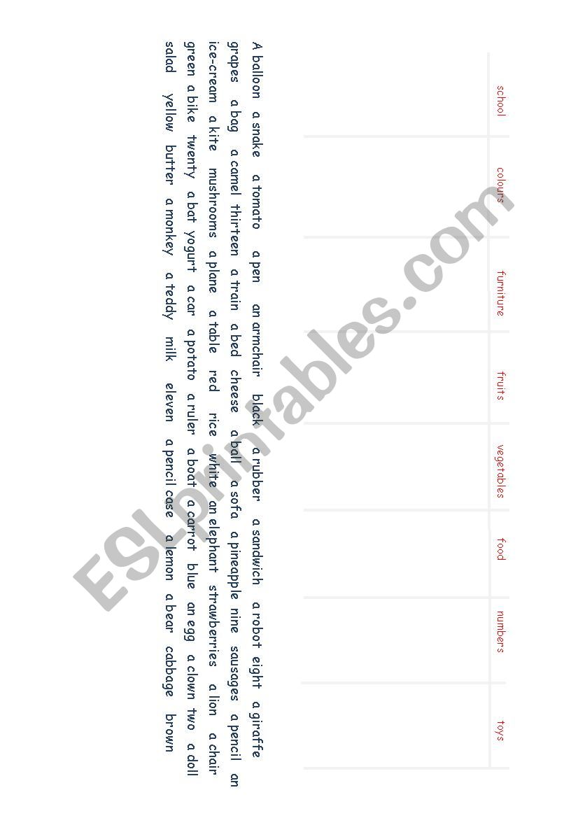 Distribute the words in 9 colums