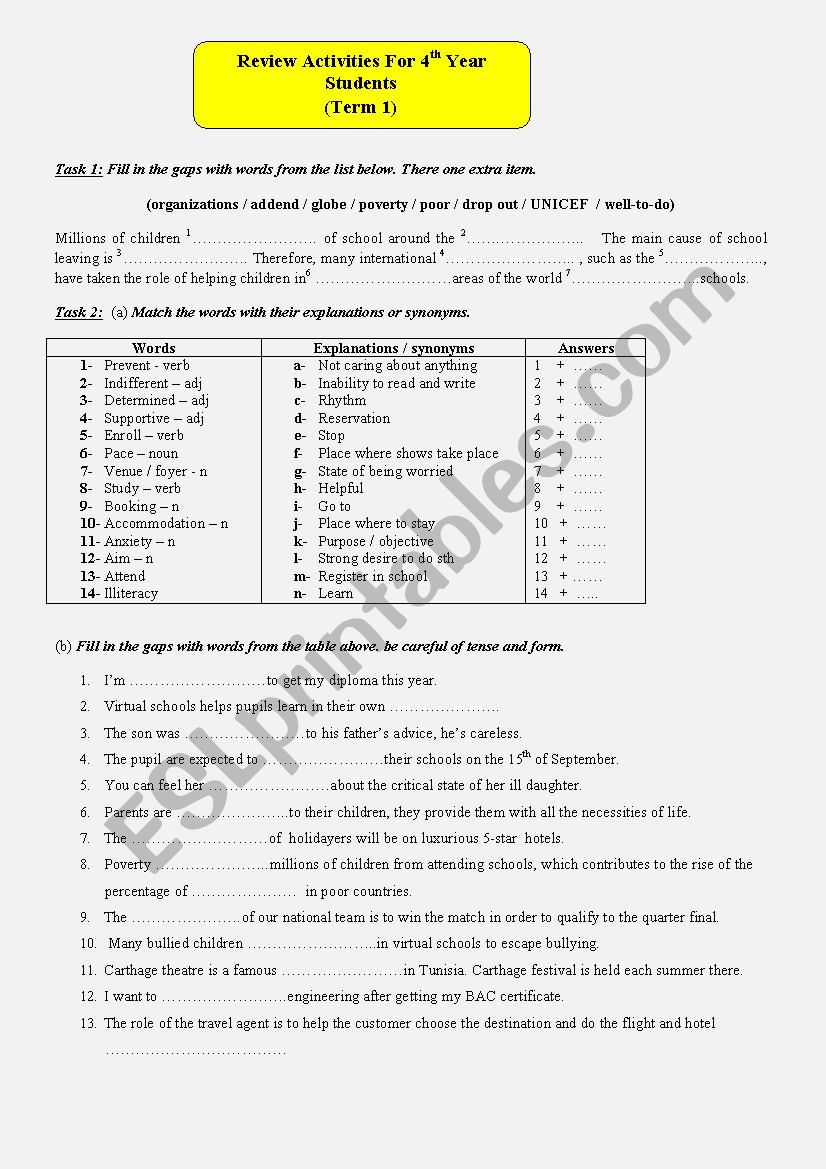 Review activities (language) Term 1 BAC pupils.