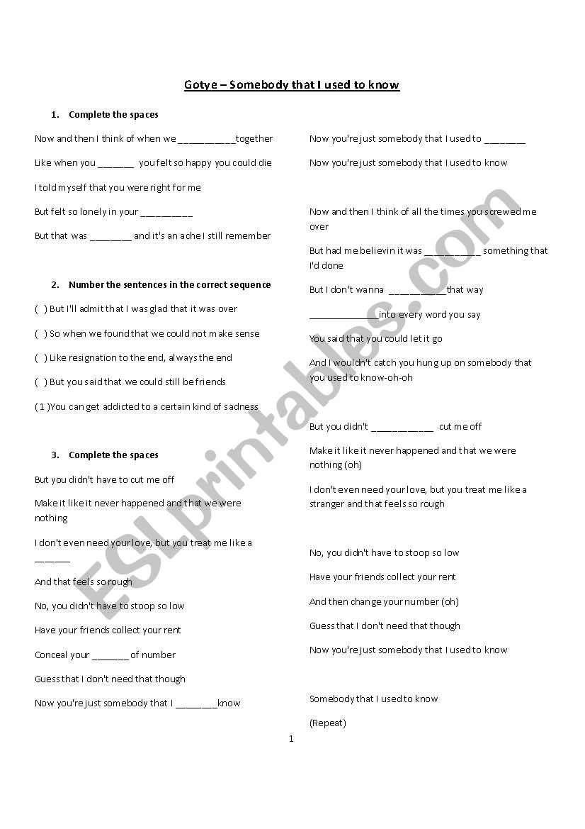 Somebody that I used to know worksheet