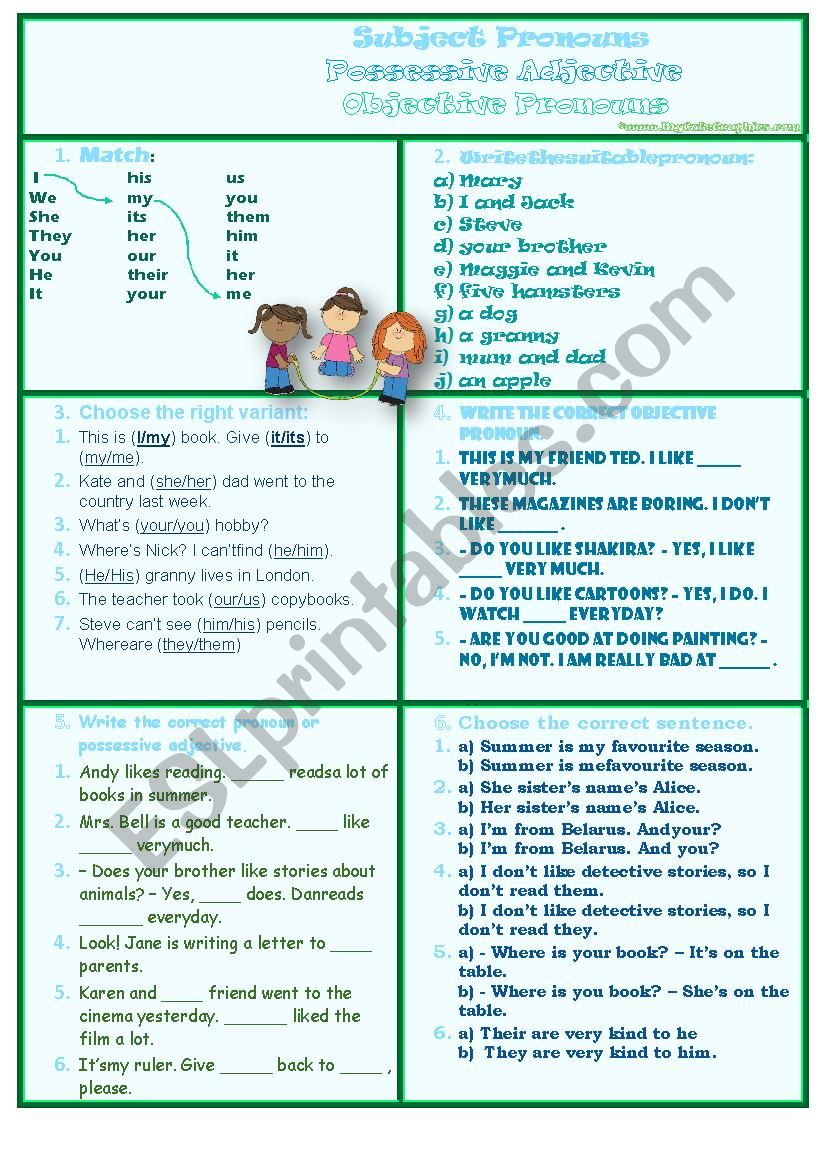 Subject Pronouns Possessive Adjective Objective Pronouns