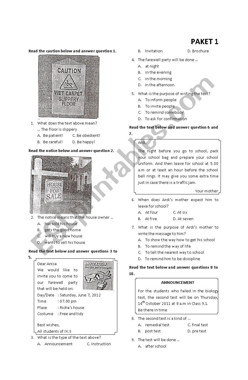 National test exercise worksheet