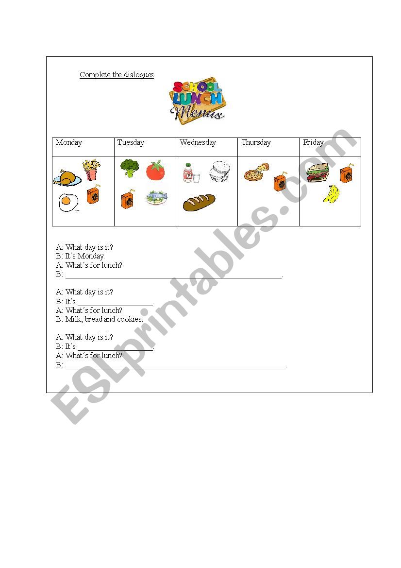 School Menu worksheet