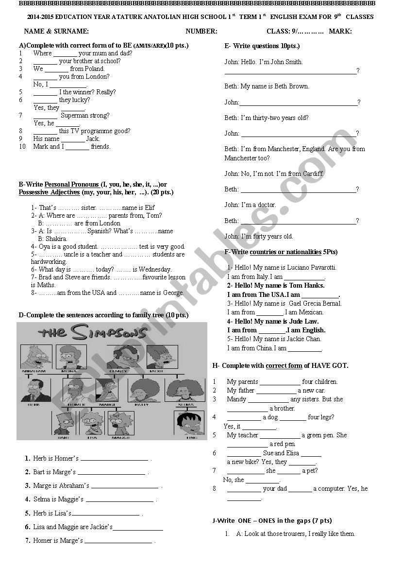  9 grade test worksheet