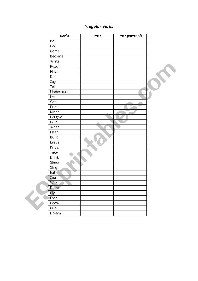a list of irregular verbs worksheet