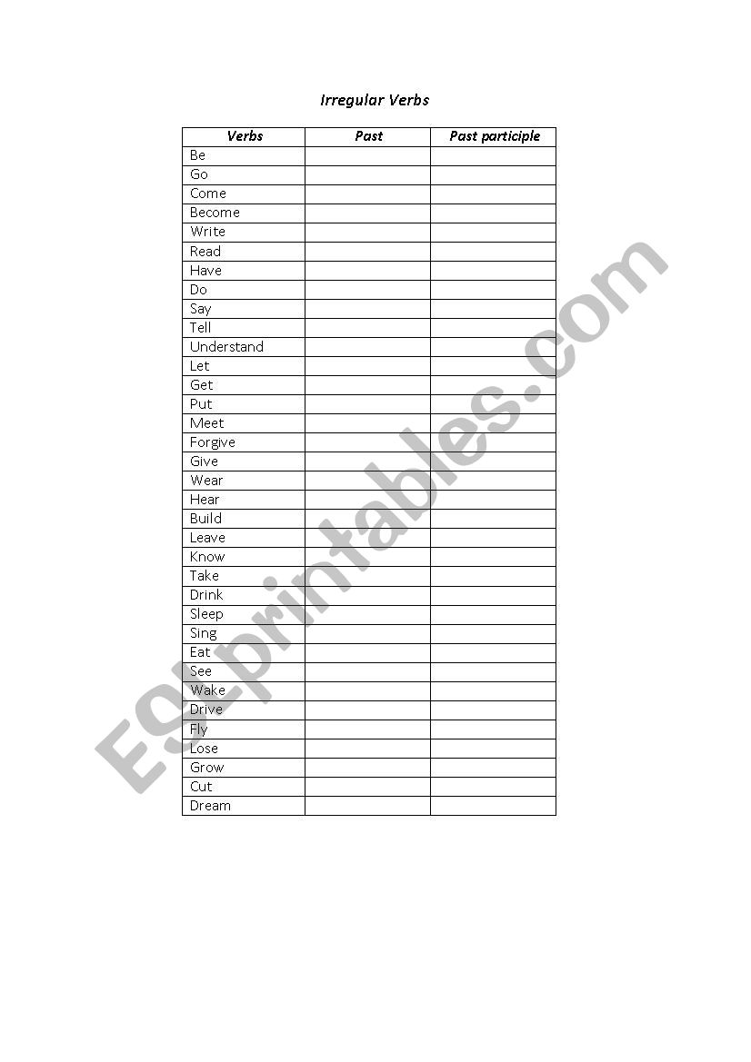 a list of irregular verbs worksheet