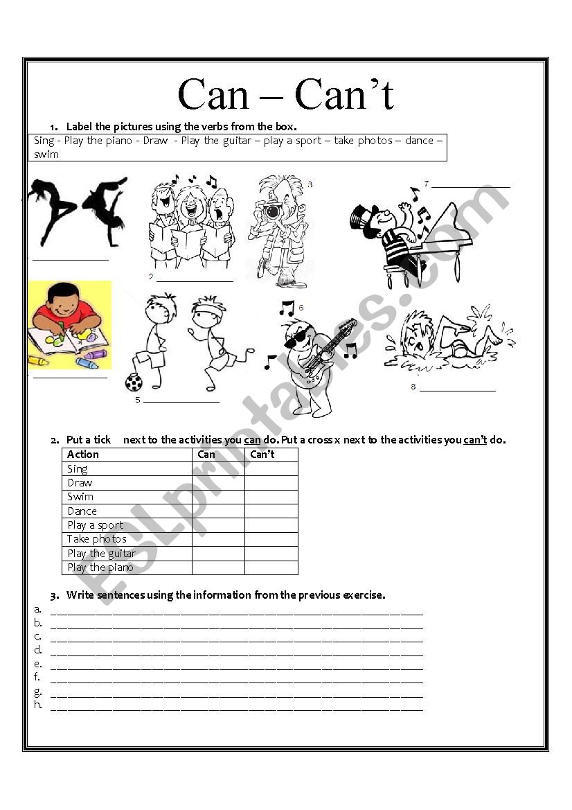 Can Cant & vocabulary clothes worksheet