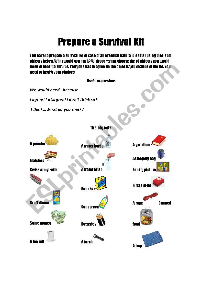 Prepare a survival kit worksheet