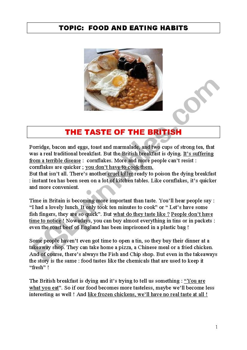 THE TASTE OF THE BRITISH worksheet