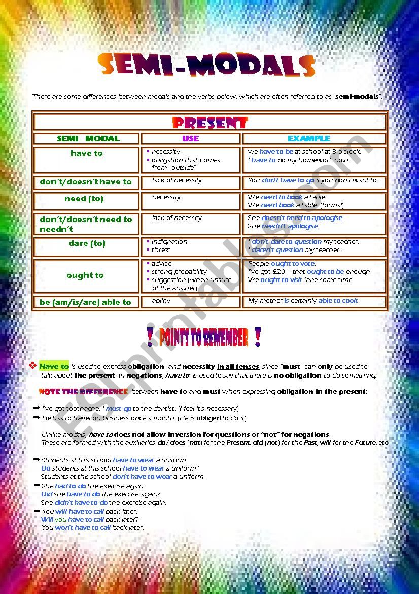 SEMI-MODALS worksheet