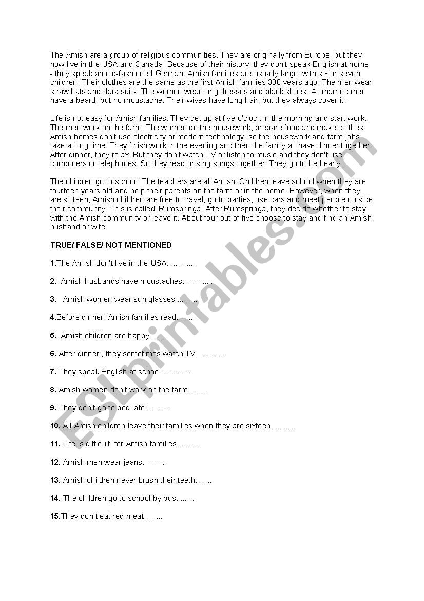 The Amish 2 worksheet