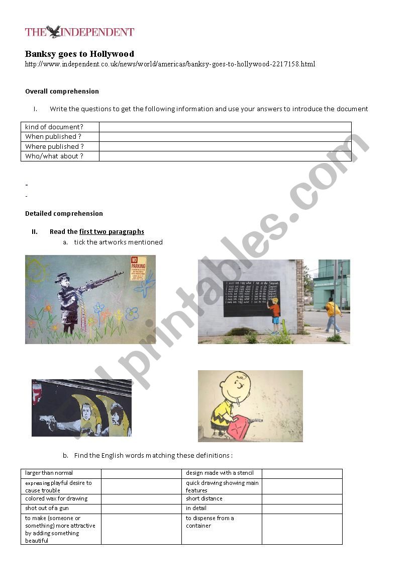 Banksy goes to Hollywood worksheet