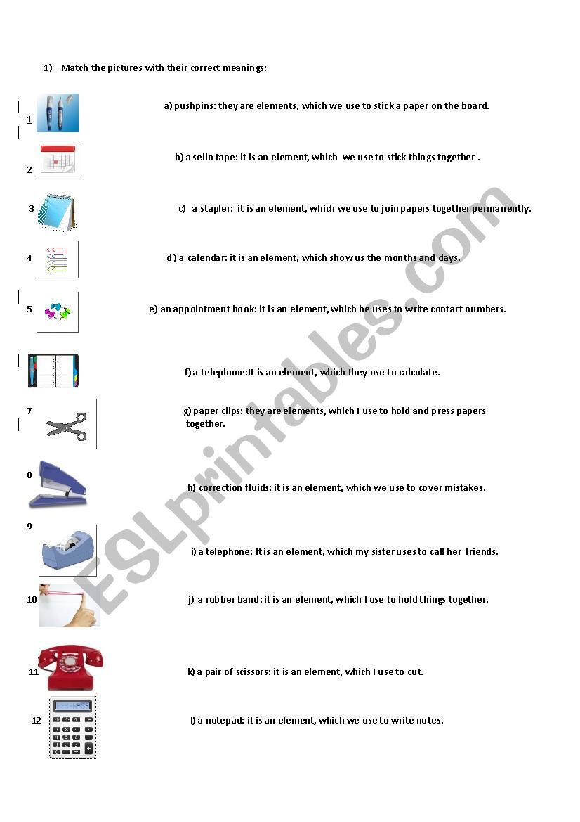 Office equipment elements worksheet