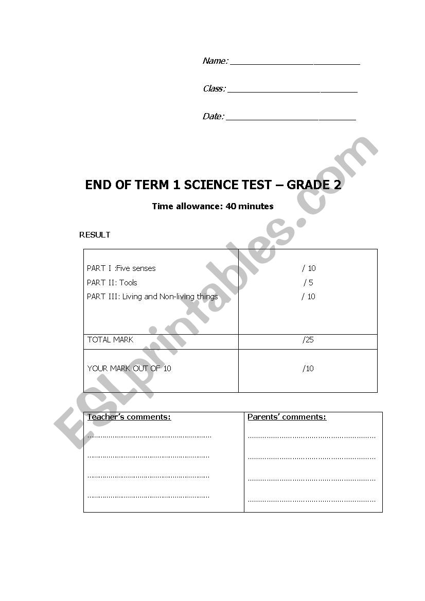 Science test worksheet